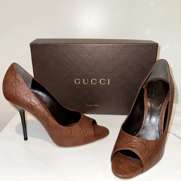 Gucci Guccissima High Heel Peep Toe Leather Pumps - 38 - Picture 3 of 9